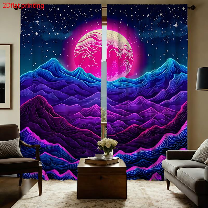 Retro Gaming Youtube - Synthwave-gordijnen, neon berg- en planeetprint raamgordijnen,